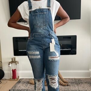 Blue ripped overalls ankle pants from zara